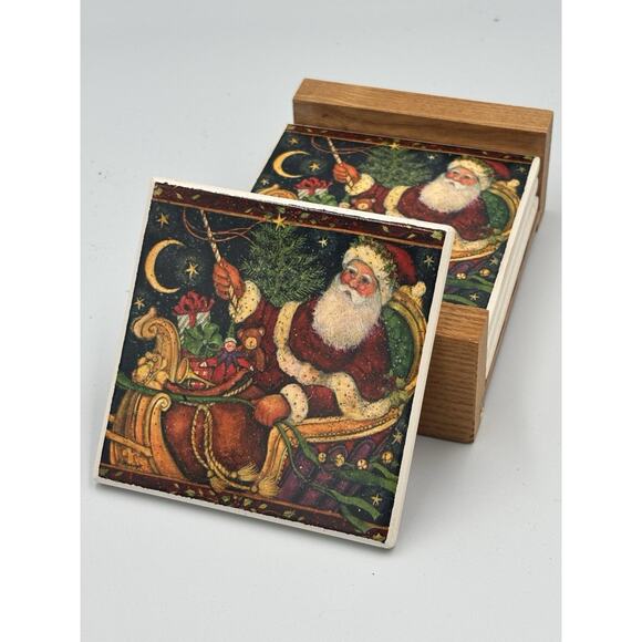 Absorbent Stone Coaster St Nicholas Set of 4 Wood Tray Boxed Santa Christmas NOS - Picture 2 of 10